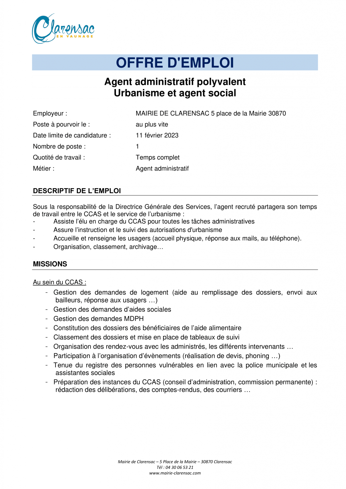 OFFRE D'EMPLOI: Agent Administratif Polyvalent Urbanisme Et Agent ...