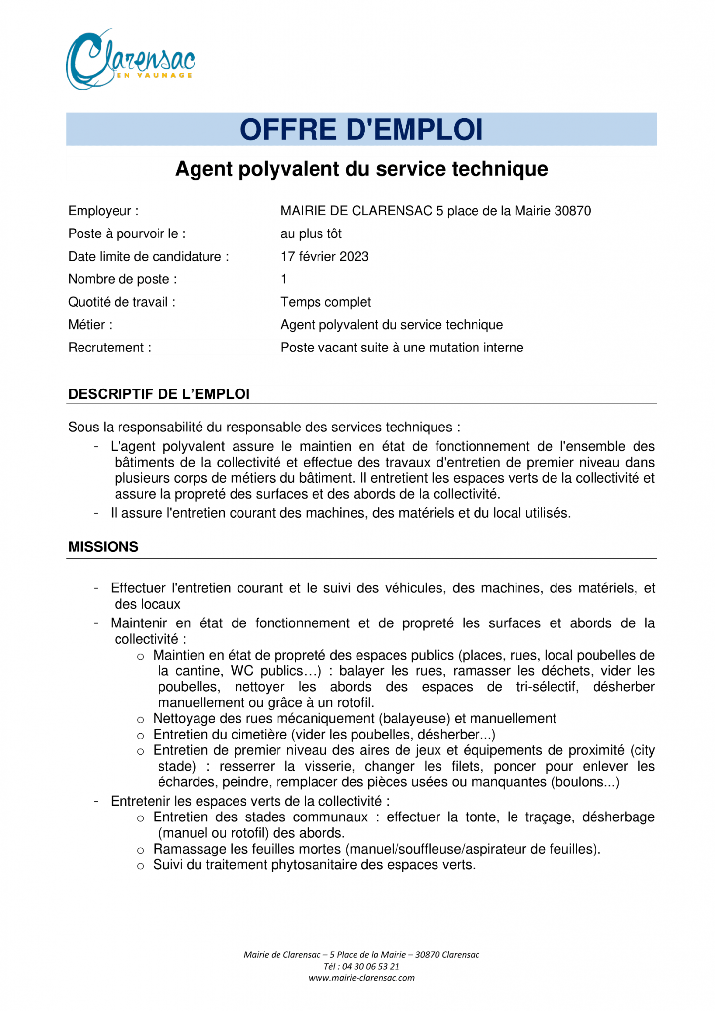 OFFRE D'EMPLOI: Agent Polyvalent Du Service Technique - Mairie De ...