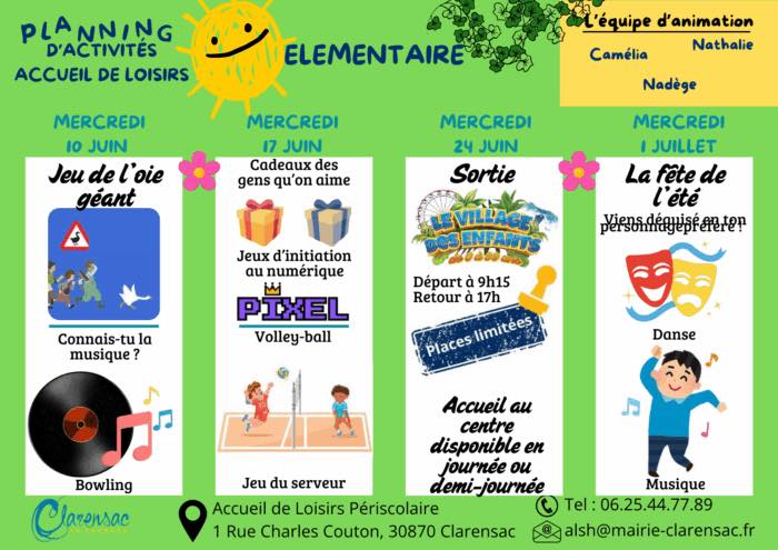 Planning centre de loisirs elementaire 10 juin au 1 juillet Planning centre de loisirs maternelle 13 au 17 juillet