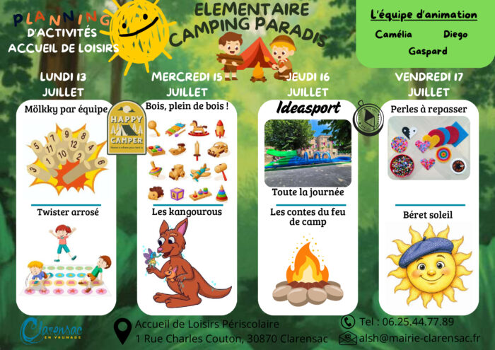Planning centre de loisirs elementaire 13 au 17 juillet Planning centre de loisirs maternelle 13 au 17 juillet