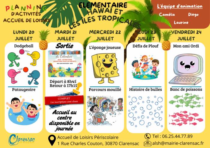 Planning centre de loisirs elementaire 20 au 24 juillet Planning centre de loisirs maternelle 6 au 10 juillet