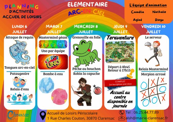 Planning centre de loisirs elementaire 6 au 10 juillet Planning centre de loisirs maternelle 6 au 10 juillet