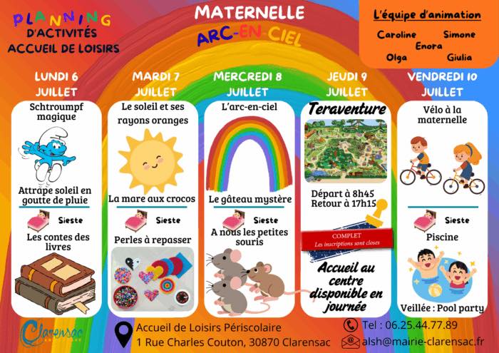 Planning centre de loisirs maternelle 6 au 10 juillet Planning centre de loisirs maternelle 6 au 10 juillet
