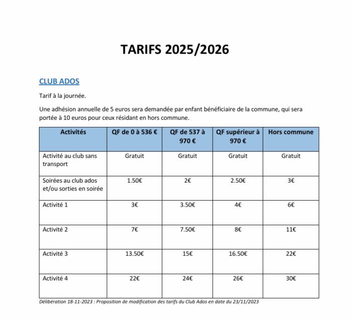Tarifs club ados 2025-2026 Tarifs club ados 2025-2026